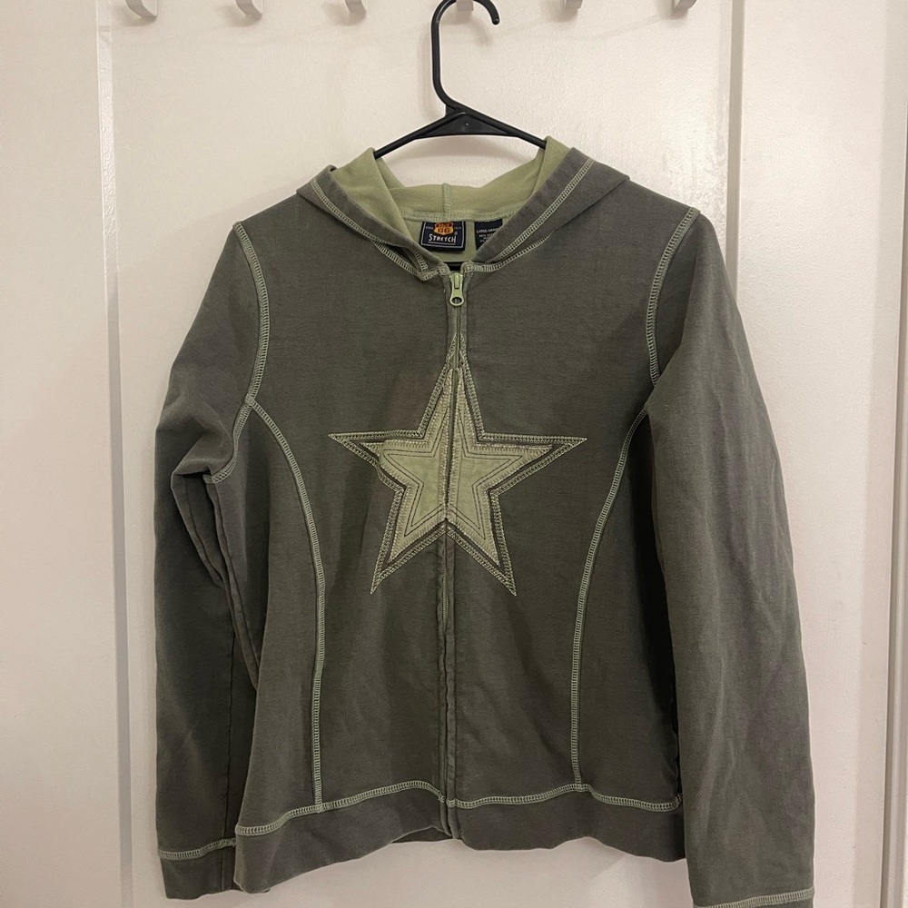 Vintage Y2K Route 66 Olive Green Hoodie Star Patch Grunge Avril Lavigne Skater